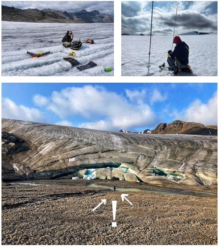 Compilation de trois clichés de l’équipe au travail : préparation d’un drone, installation de matériel et vue grand-angle d’une personne au loin marchant vers le glacier.